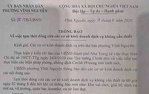 TP. NhaTrang yêu cầu phường Vĩnh Nguyên thu hồi văn bản này  