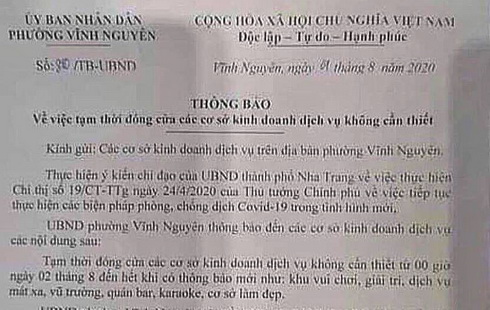 Nha Trang: Một phó chủ tịch phường bị phê bình vì ban hành văn bản đóng cửa các cơ sở kinh doanh