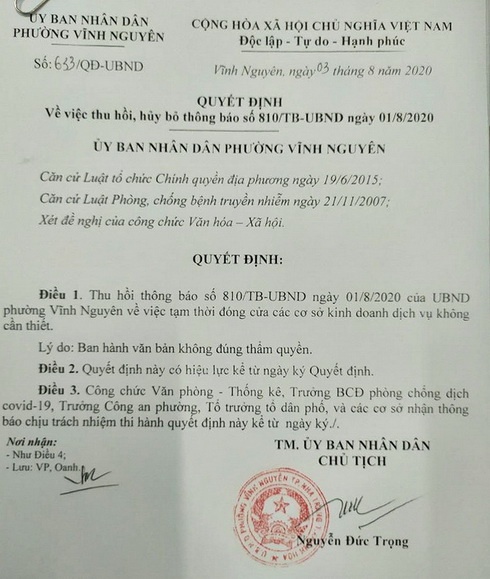 Thu hồi Thông báo tạm thời đóng cửa các cơ sở kinh doanh dịch vụ không cần thiết