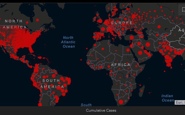 Bản đồ các điểm nóng Covid-19 trên toàn cầu. Đồ họa: Đại học Johns Hopkins.