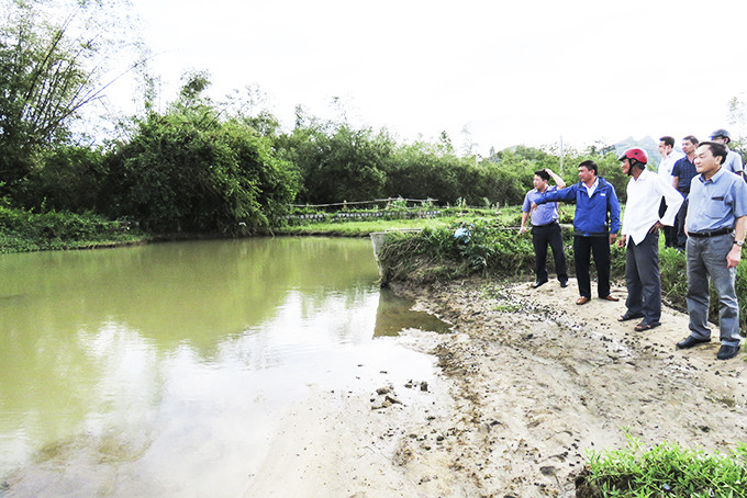 Đại diện Sở Nông nghiệp và Phát triển nông thôn cùng địa phương khảo sát thực tế khu vực kênh mương thủy lợi trên địa bàn huyện bị hư hại do bão.