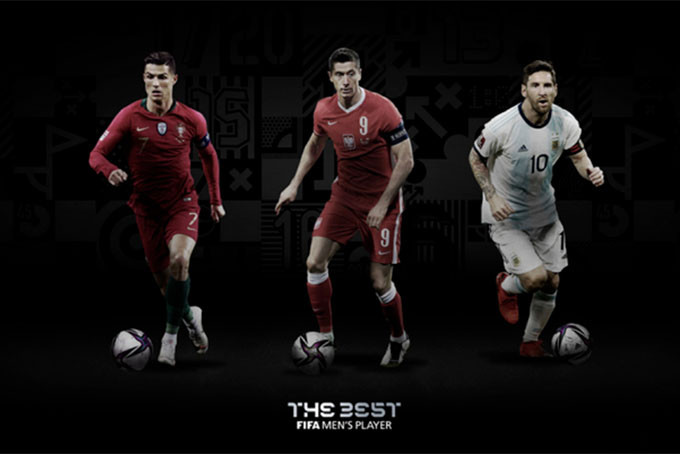 (Từ trái sang) Ronaldo, Lewandowski và Messi vào top ba đề cử cuối cùng của The Best, do các nhà báo, HLV và đội trưởng các đội tuyển quốc gia, cùng CĐV bình chọn.