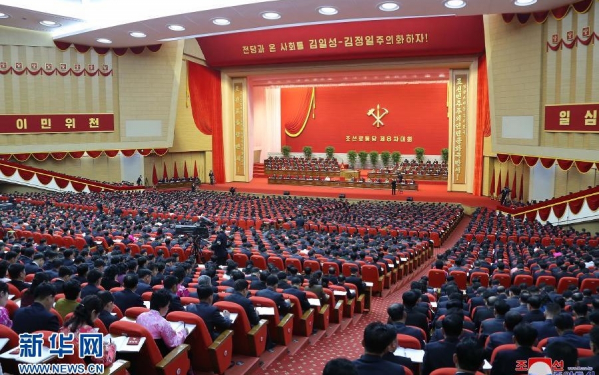 Tổng bí thư Đảng Lao động Triều Tiên Kim Jong Un phát biểu tại đại hội VIII. Ảnh: Tân Hoa xã.