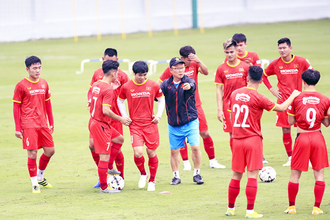 Các cầu thủ đội tuyển Việt Nam tập luyện chuẩn bị cho vòng loại World Cup. Nguồn: VFF