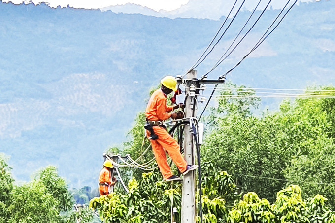 Công nhân Công ty Cổ phần Điện lực Khánh Hòa bảo trì hệ thống lưới điện.