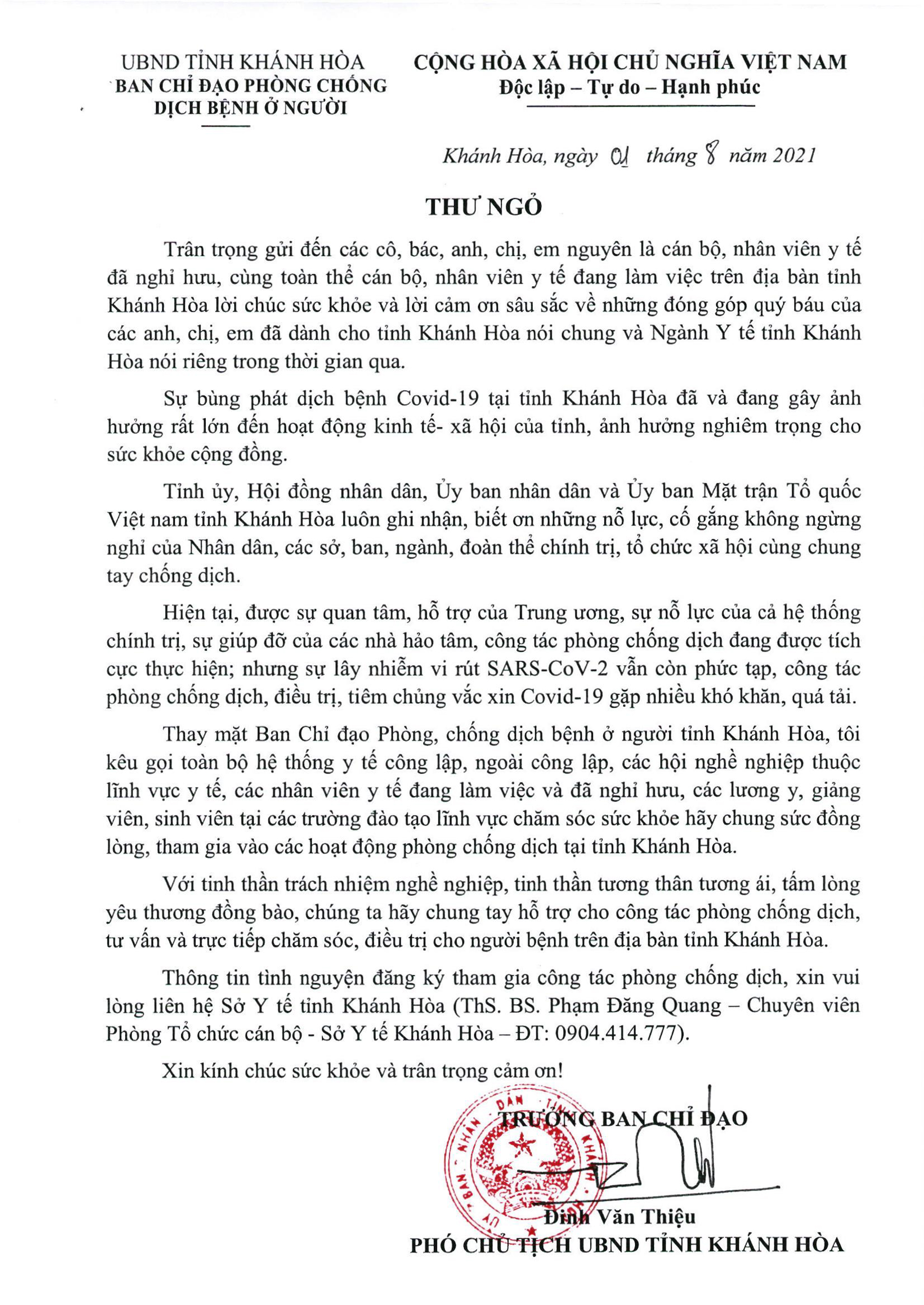 Thư ngỏ của Ban Chỉ đạo phòng chống dịch bệnh ở người tỉnh Khánh Hòa