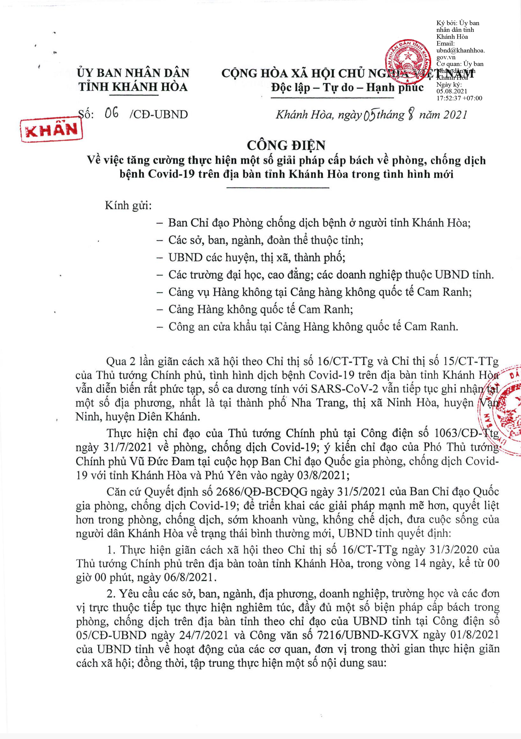 Thực hiện giãn cách xã hội theo Chỉ thị 16 trên toàn tỉnh Khánh Hòa từ 0 giờ ngày 6-8-2021