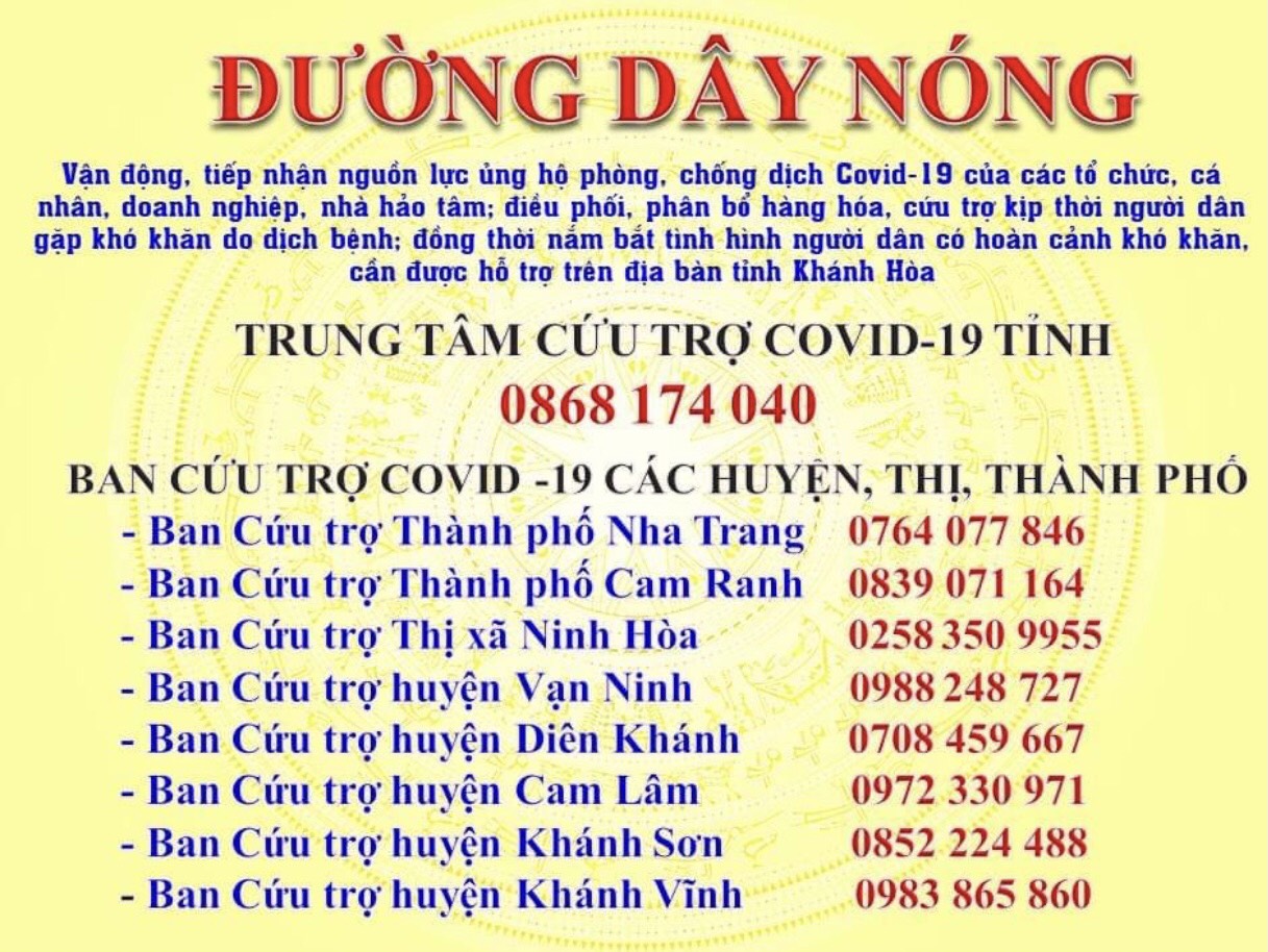 Đường dây nóng tiếp nhận ủng hộ và hỗ trợ người dân có hoàn cảnh khó khăn trên địa bàn tỉnh Khánh Hòa