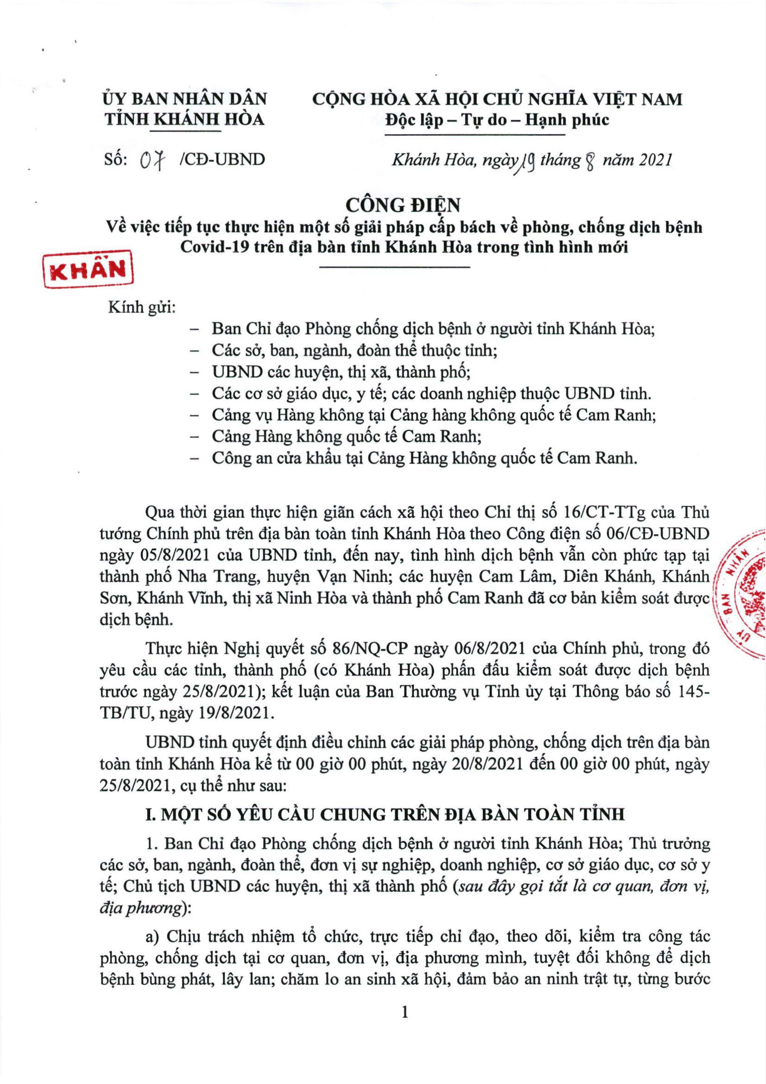 Công điện khẩn của UBND tỉnh Khánh Hòa về việc tiếp tục thực hiện một số giải pháp cấp bách về phòng, chống dịch bệnh Covid-19 trên địa bàn tỉnh trong tình hình mới