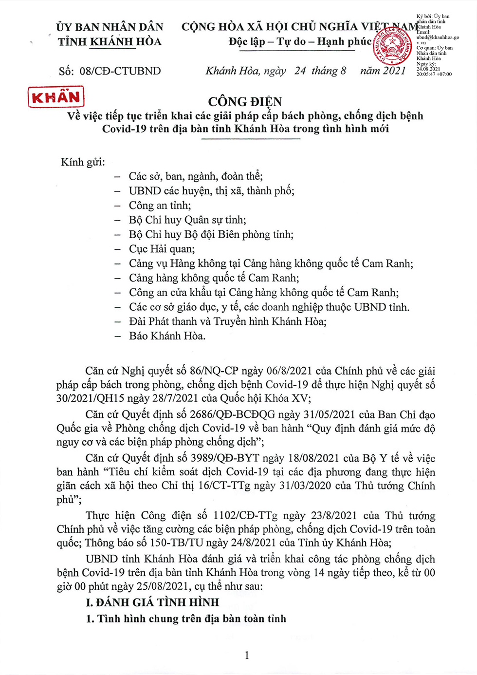 Công điện về triển khai các giải pháp cấp bách phòng, chống dịch bệnh Covid-19 trên địa bàn tỉnh trong tình hình mới