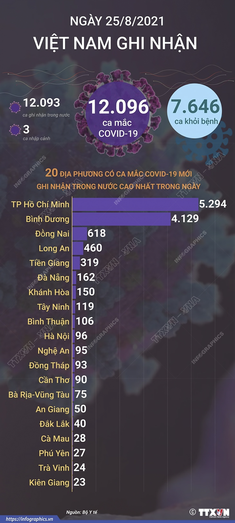 12.096 ca mắc COVID-19 trong ngày 25/8/2021, 7.646 ca khỏi bệnh