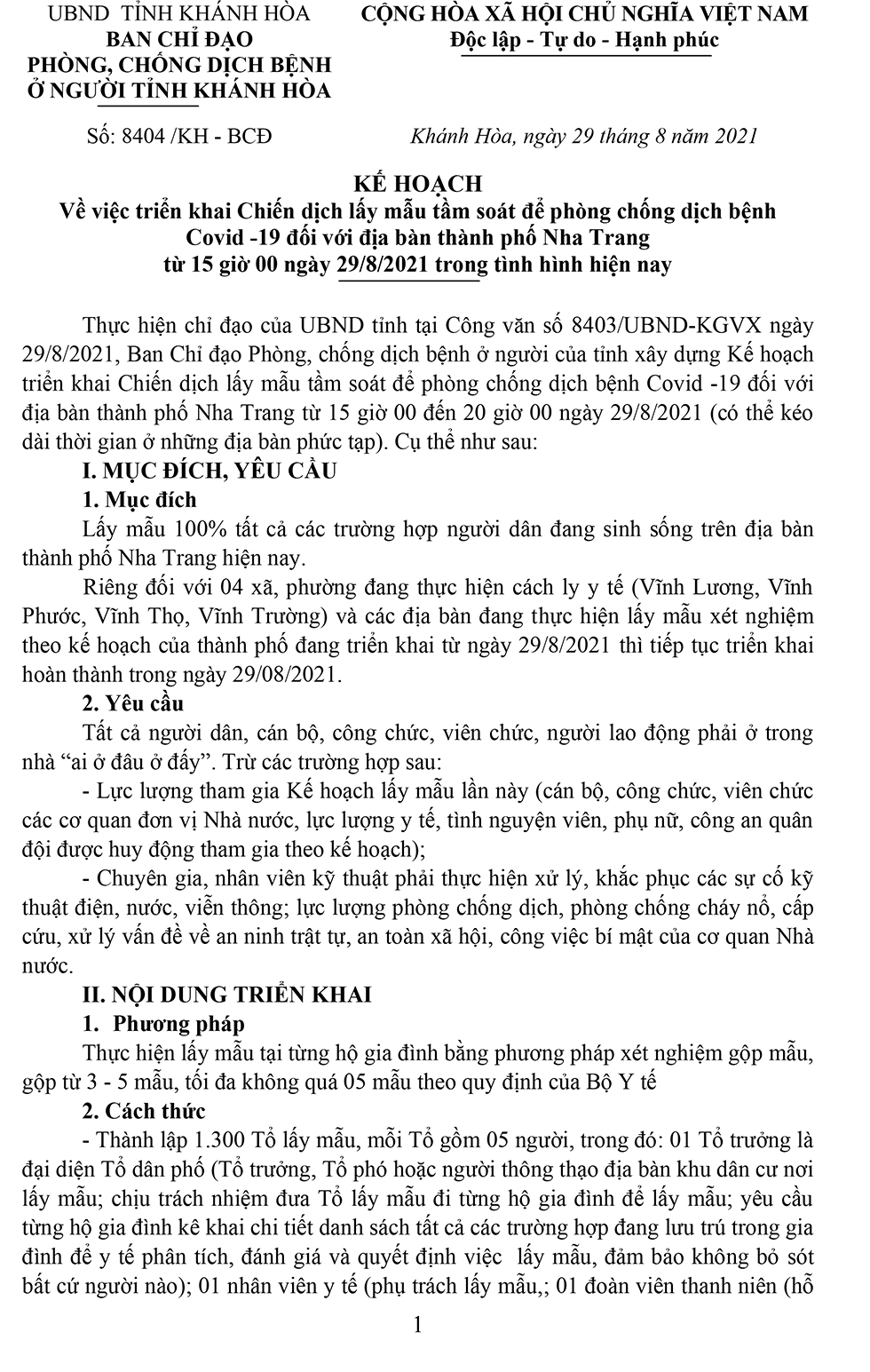 Kế hoạch triển khai Chiến dịch lấy mẫu tầm soát phòng chống dịch Covid-19 tại TP. Nha Trang từ 15 giờ ngày 29-8