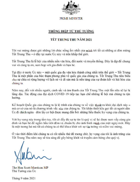 Thủ tướng Australia gửi thông điệp chúc Tết Trung thu bằng tiếng Việt.
