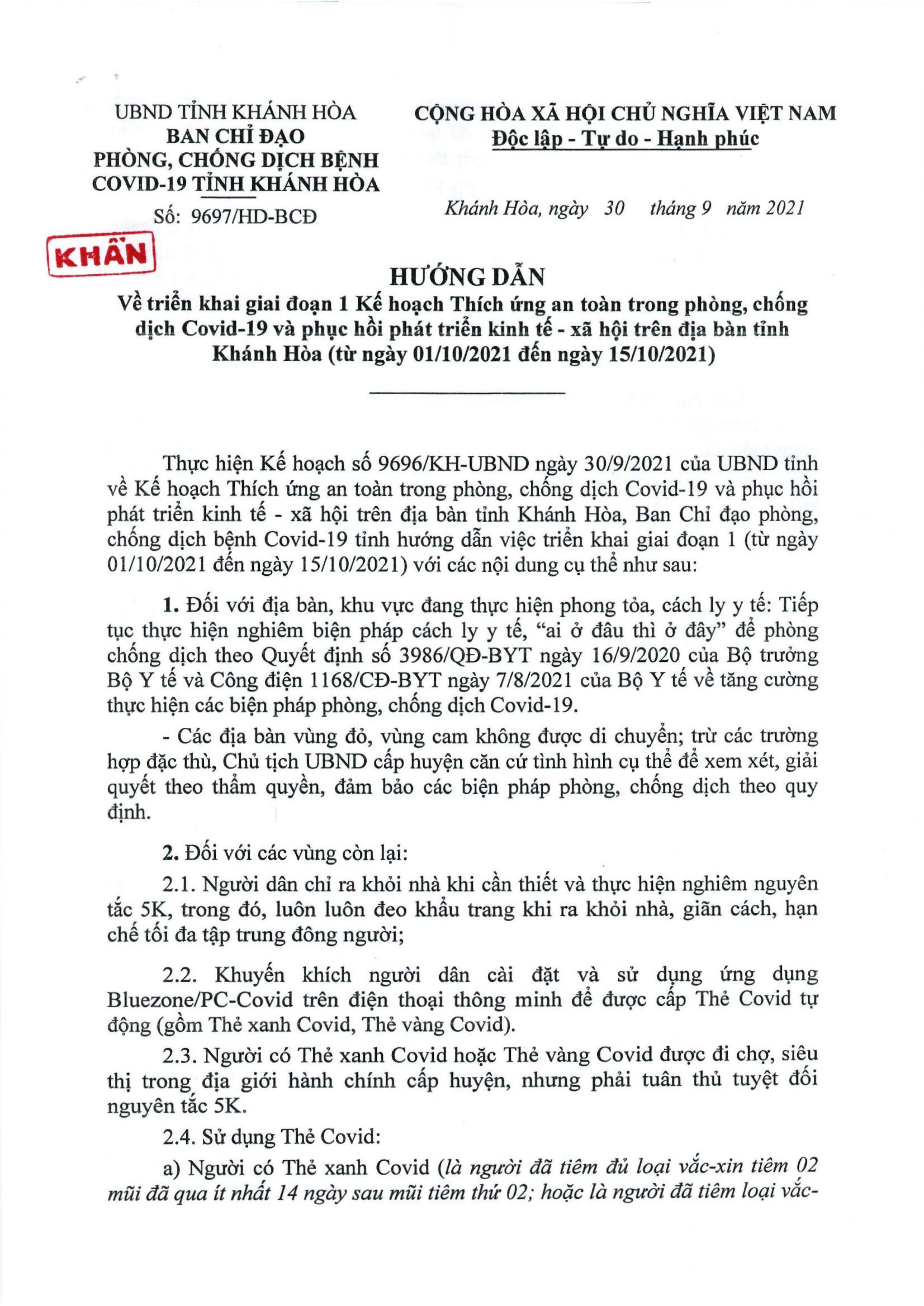 Hướng dẫn việc triển khai giai đoạn 1 Kế hoạch Thích ứng an toàn trong phòng, chống dịch Covid-19 và phục hồi phát triển kinh tế - xã hội trên địa bàn tỉnh Khánh Hòa