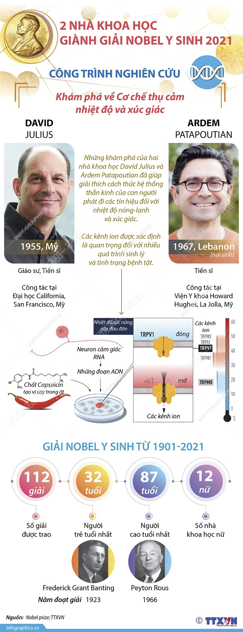 Giải Nobel Y sinh năm 2021 vinh danh hai nhà khoa học David Julius và Ardem Patapoutian