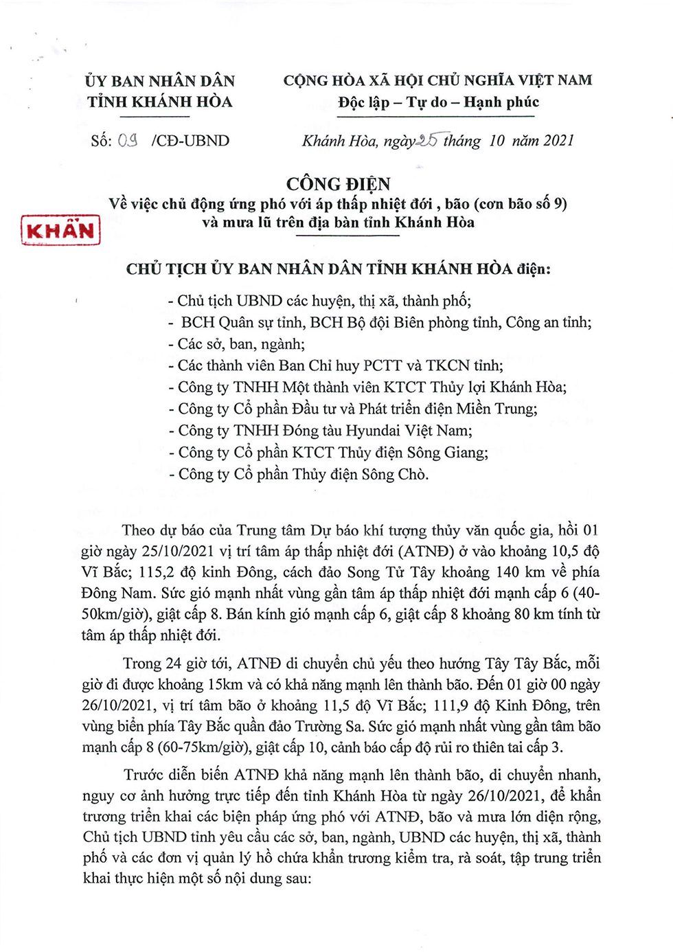 Công điện khẩn về việc chủ động ứng phó với áp thấp nhiệt đới, bão và mưa lũ trên địa bàn tỉnh Khánh Hòa