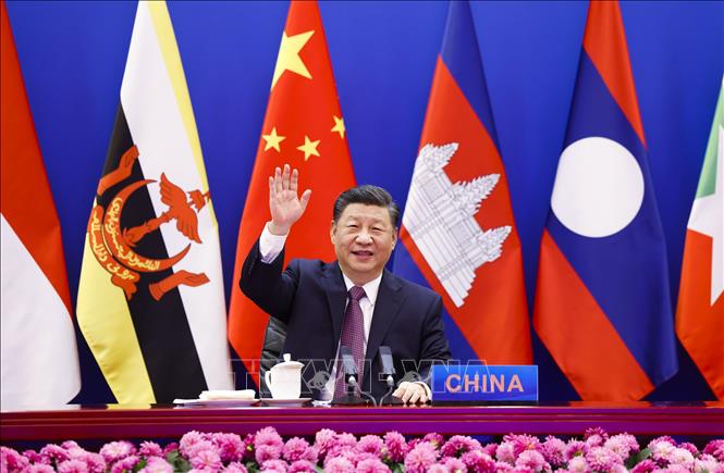 Chủ Trung Quốc Tập Cận Bình chủ trì Hội nghị Cấp cao đặc biệt ASEAN-Trung Quốc diễn ra theo hình thức trực tuyến, tại Bắc Kinh, ngày 22/11/2021. Ảnh: THX/TTXVN