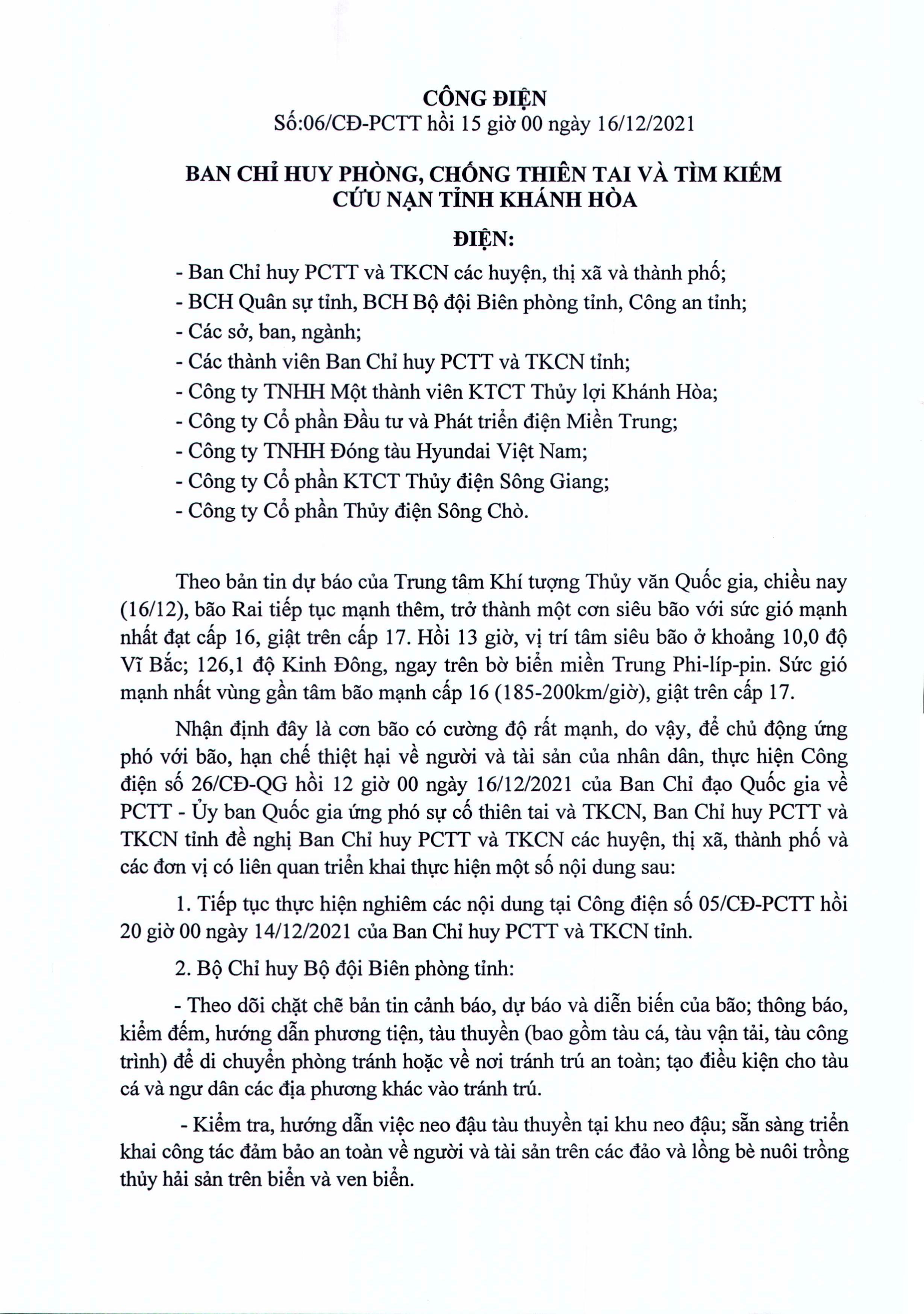 Công điện về việc ứng phó với bão Rai
