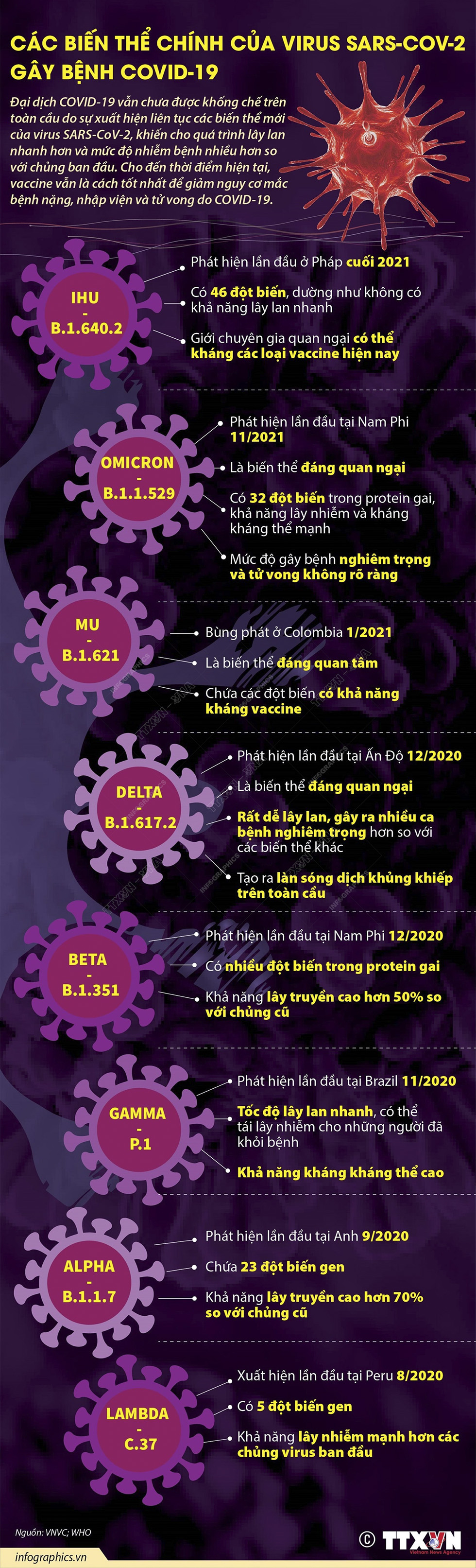 Các biến thể chính của virus SARS-CoV-2 gây bệnh COVID-19