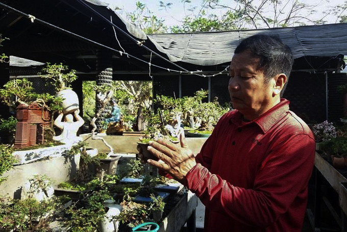 Nghệ nhân Nguyễn Văn Phúng chăm chút bộ sưu tập bonsai mini trong vườn.