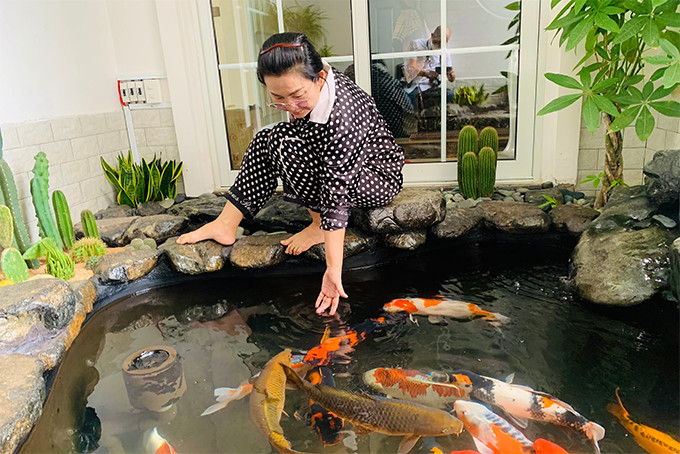 Thú vui của bà Dương Thị Ngọc Hương là mỗi sớm mai thức dậy được ngắm đàn cá bơi lội.