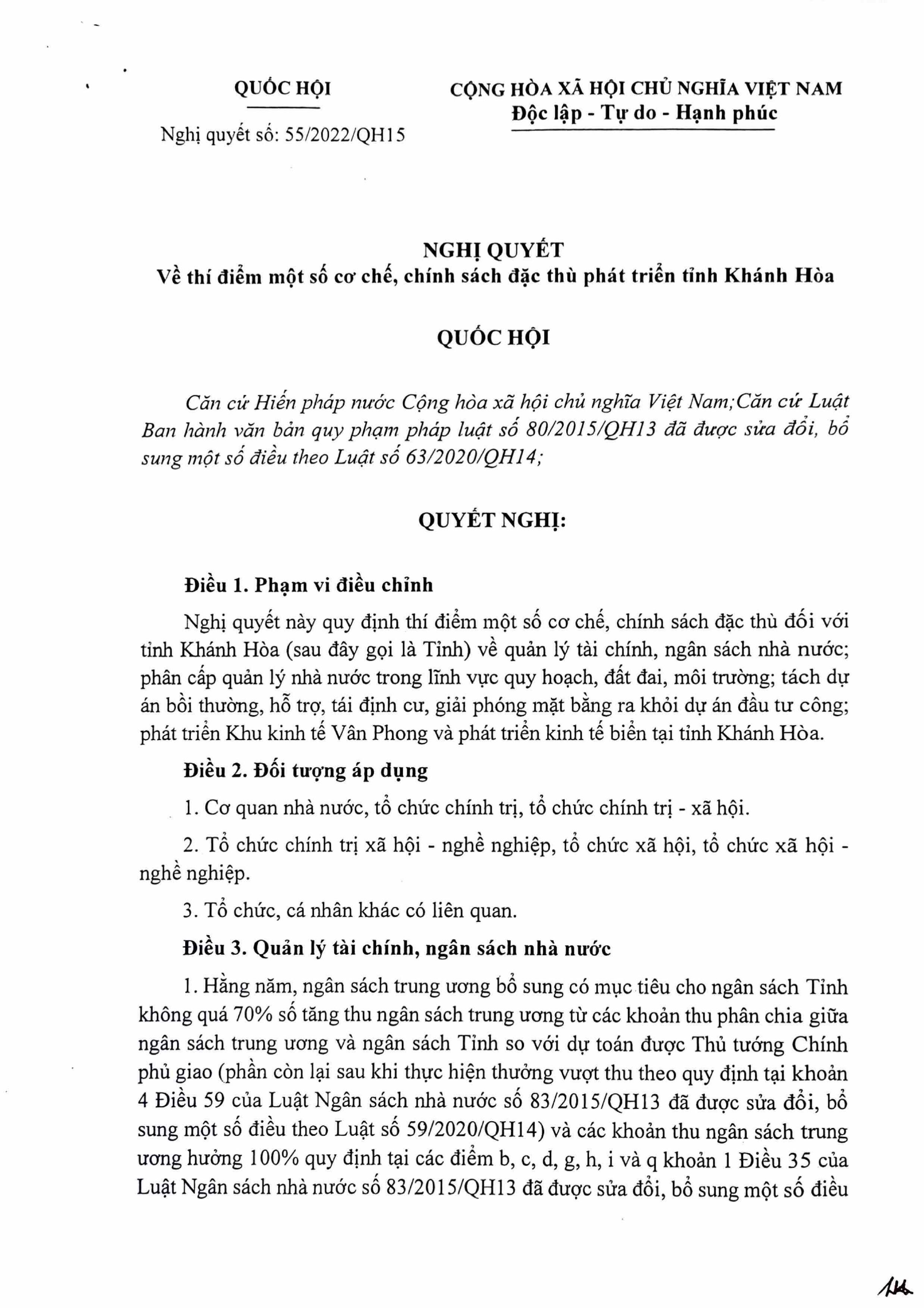 Nghị quyết về thí điểm một số cơ chế, chính sách đặc thù phát triển tỉnh Khánh Hòa