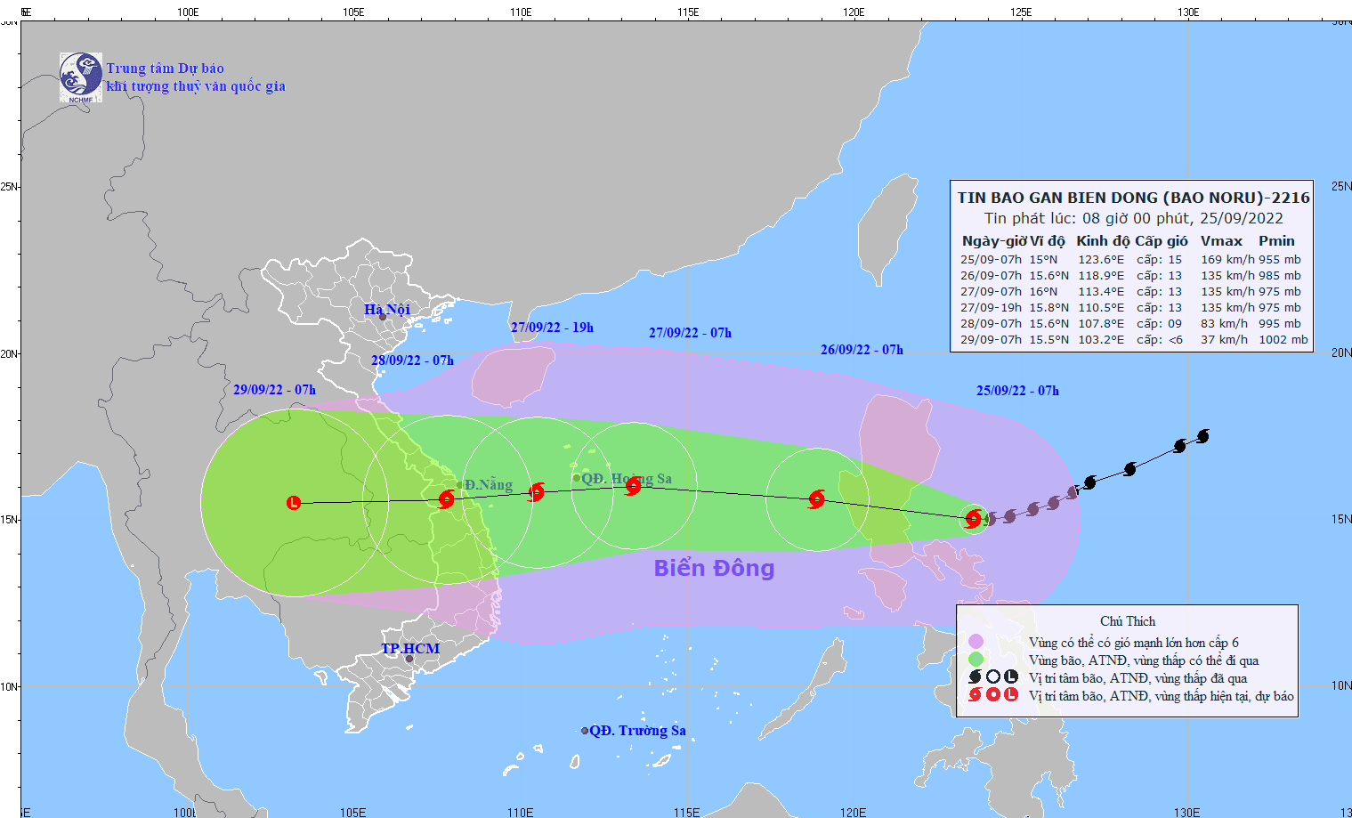 Vị trí và dự báo hướng di chuyển của bão Noru
